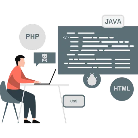 Niño trabajando según código PHP en una computadora portátil  Ilustración