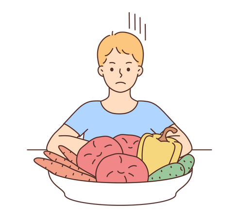 Niño triste mirando un plato de verduras  Ilustración