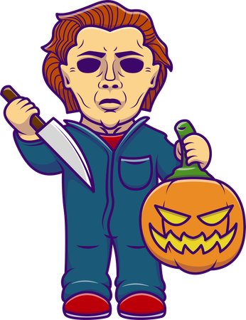 Niño usa máscara sosteniendo cuchillo y calabaza  Ilustración