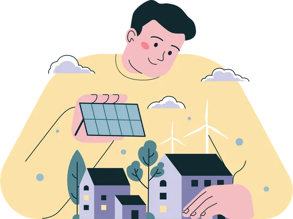 Un niño utiliza un panel solar instalado en su casa  Ilustración