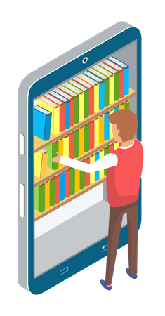 Niño usando biblioteca digital  Ilustración