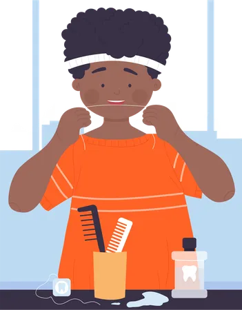 Niño usando hilo dental  Ilustración