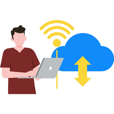 Niño usando WIFI en la computadora portátil  Ilustración