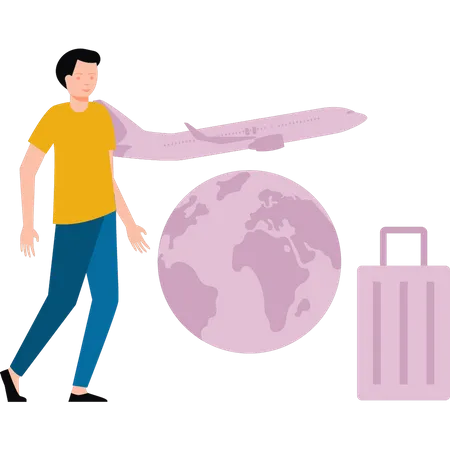 Niño va a viajar en vuelo con maleta  Ilustración