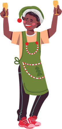 Niño vestido con disfraz de elfo y celebrando la fiesta de Navidad  Ilustración