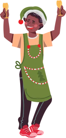 Niño vestido con disfraz de elfo y celebrando la fiesta de Navidad  Ilustración