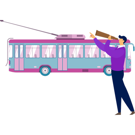 Niño viendo la antena del autobús con monocular  Ilustración