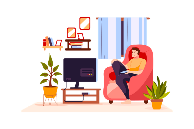 Niño viendo televisión en la casa.  Ilustración