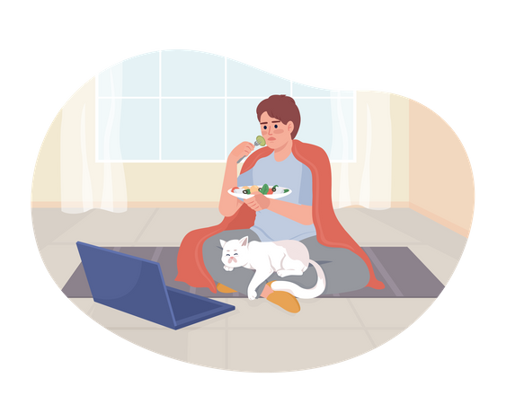 Niño viendo una película en una computadora portátil con un gato en el regazo  Ilustración