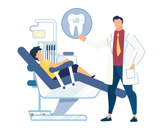 Niño visitando clínica dental para aparatos dentales  Ilustración