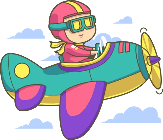 Niño volando avión en el cielo  Ilustración