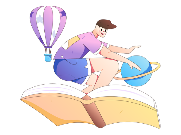 Niño volando con libro  Ilustración