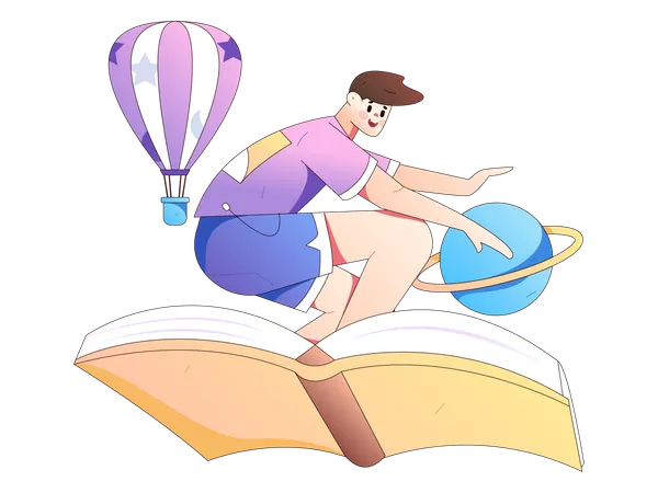 Niño volando con libro  Ilustración