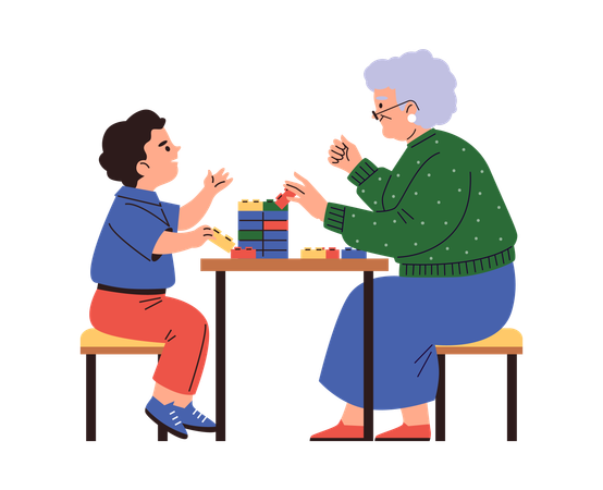 Niño y abuela armando un set de Lego  Ilustración