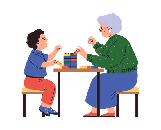 Niño y abuela armando un set de Lego  Ilustración