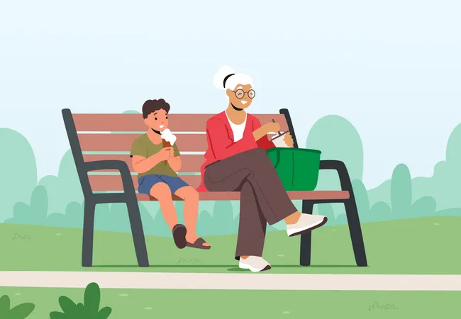 Niño y abuela comiendo helado en el parque de la ciudad  Ilustración