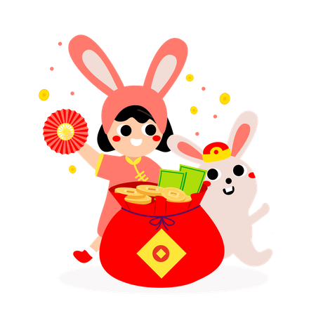 Niño y conejo celebrando el año nuevo chino.  Ilustración