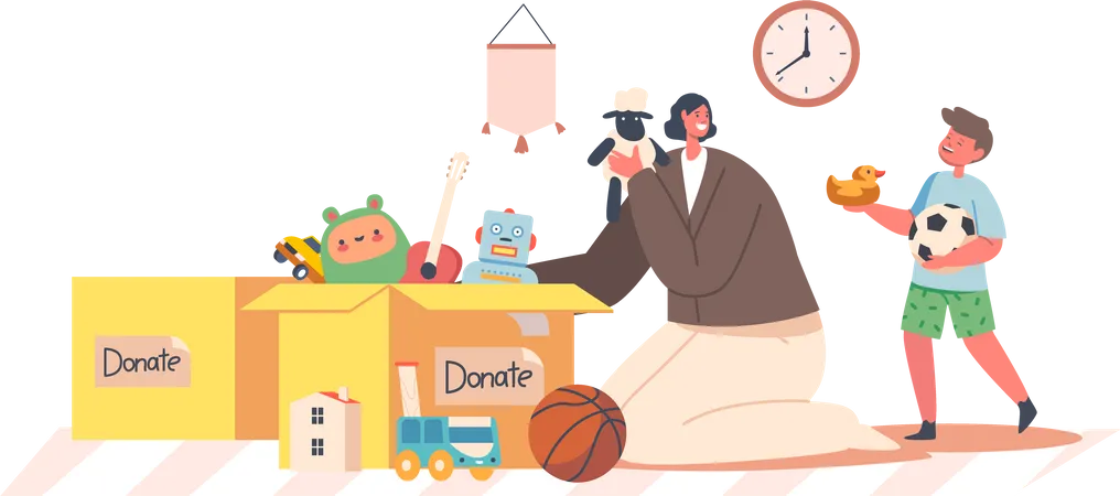Niño y mujer voluntaria toman juguetes de caja de donaciones  Ilustración
