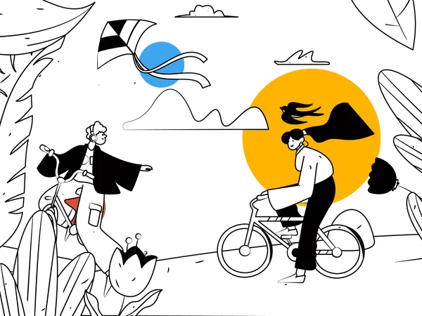 Niño y niña montando bicicleta en el exterior  Ilustración