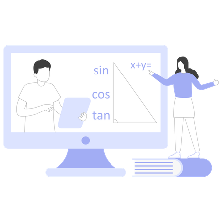 Niño y niña aprendiendo matemáticas usando una aplicación educativa  Ilustración