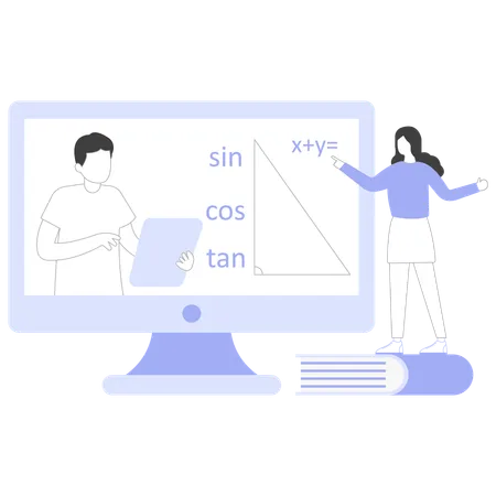 Niño y niña aprendiendo matemáticas usando una aplicación educativa  Ilustración