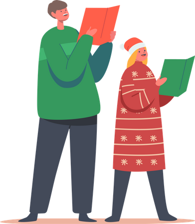 Niño y niña cantan villancicos con libros  Ilustración