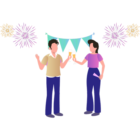 Niño y niña celebrando año nuevo  Ilustración