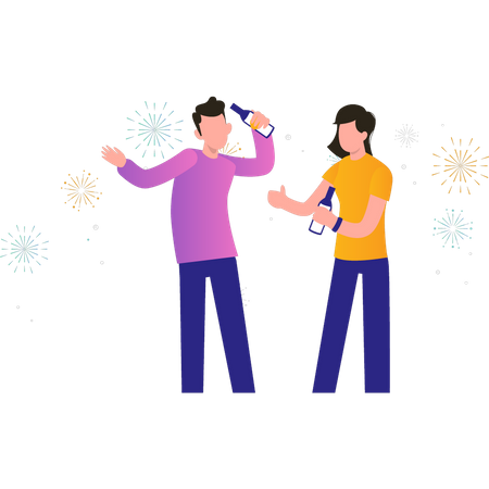 Niño y niña celebrando año nuevo  Ilustración