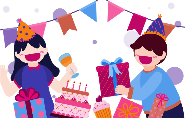 Niño y niña celebrando cumpleaños  Ilustración