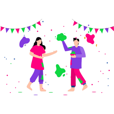 Niño y niña celebrando el festival de los colores.  Ilustración