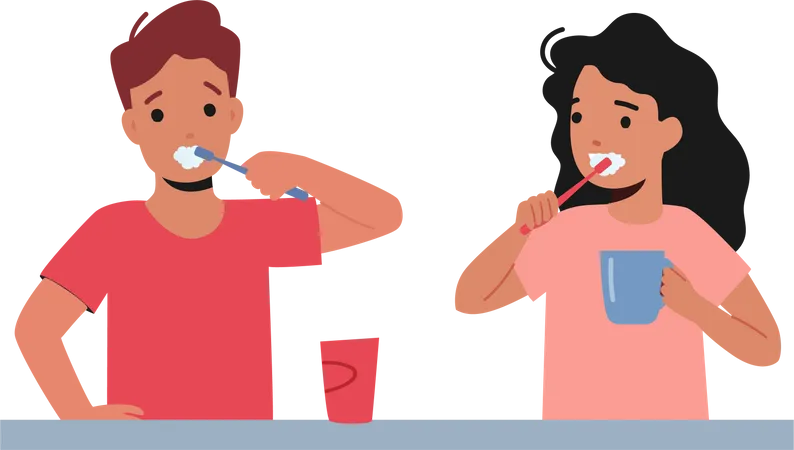 Niño y niña cepillándose los dientes  Ilustración
