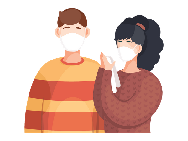 Niño y niña con mascarilla  Ilustración