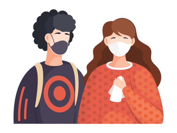 Niño y niña con mascarilla  Ilustración