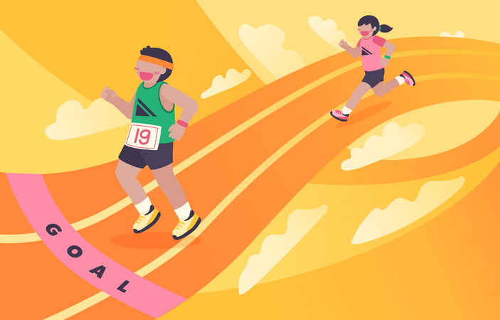 Niño y niña corriendo maratón  Ilustración