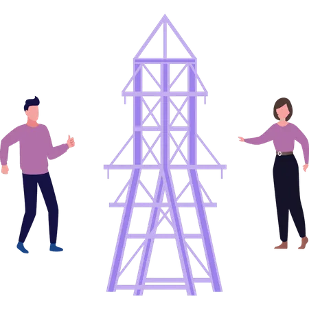 Niño y niña parados cerca de la torre de electricidad  Ilustración