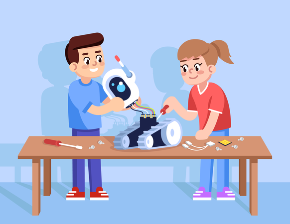 Niño y niña ensamblan robot  Ilustración