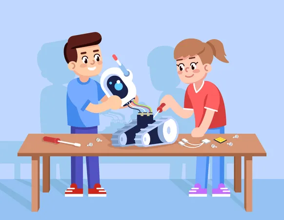 Niño y niña ensamblan robot  Ilustración