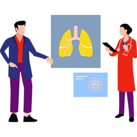 Un niño y una niña hablan sobre un informe sobre los pulmones.  Ilustración