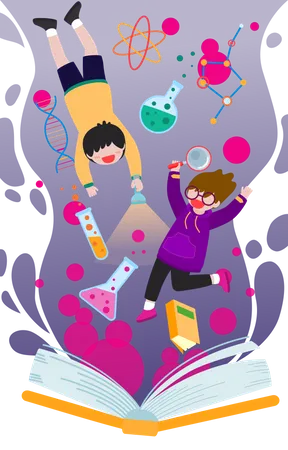 Niño y niña estudiando química.  Ilustración