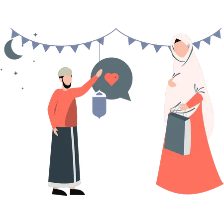 Niño y niña hablando de compras de eid  Ilustración