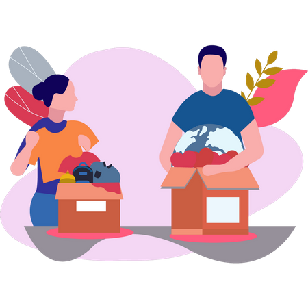 Niño y niña haciendo cajas de donación  Ilustración