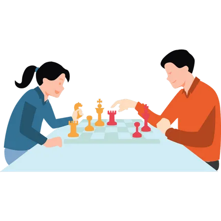 Niño y niña jugando al ajedrez  Ilustración
