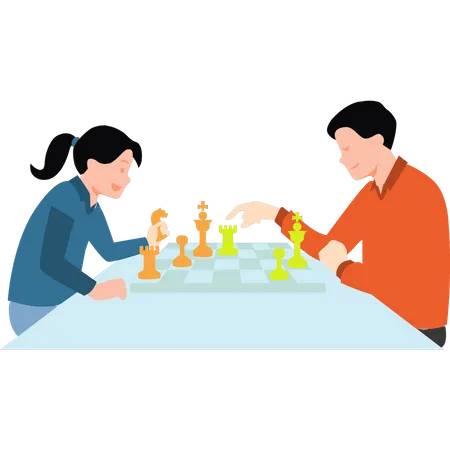 Niño y niña jugando al ajedrez  Ilustración