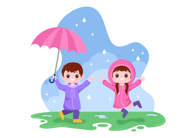 Niño y niña jugando bajo la lluvia  Ilustración