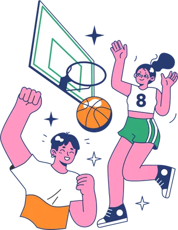 Niño y niña jugando baloncesto  Ilustración