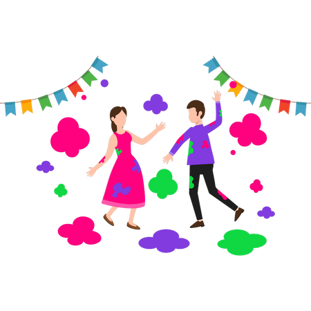 Niño y niña jugando con colores.  Ilustración