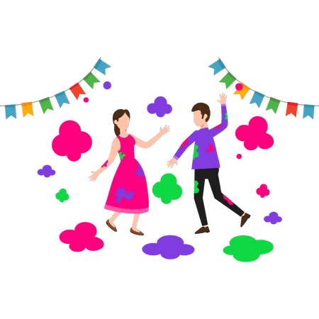 Niño y niña jugando con colores.  Ilustración