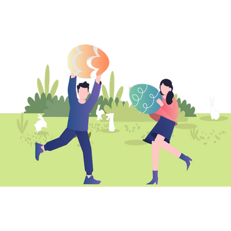 Niño y niña jugando con huevos de Pascua  Ilustración