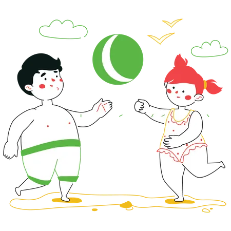 Niño y niña jugando con pelota  Ilustración