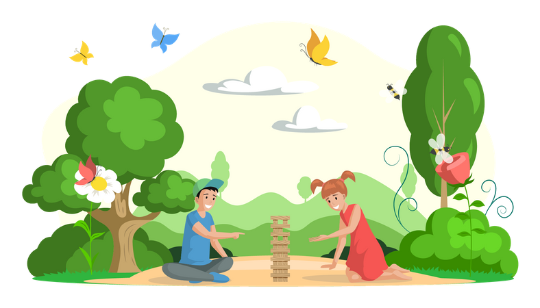Niño y niña jugando al juego de mesa jenga  Ilustración